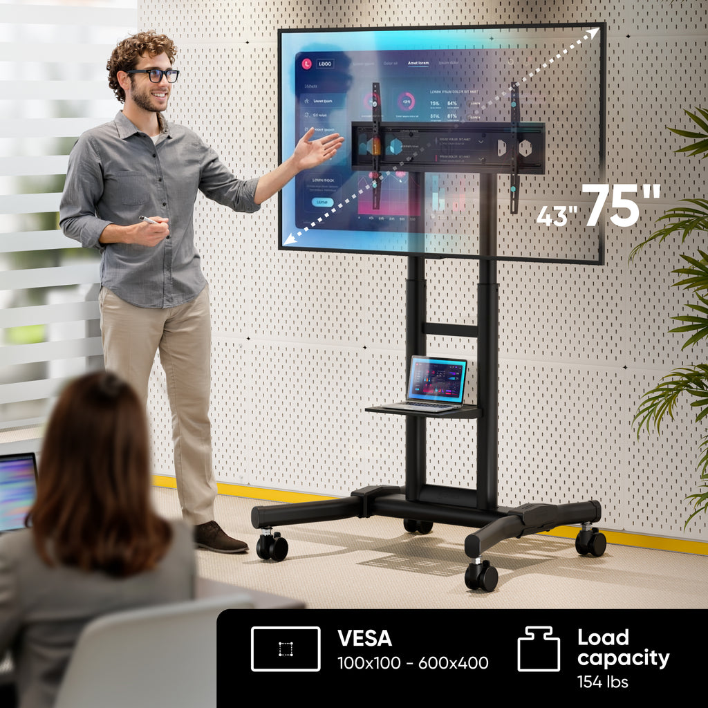 ONKRON TS1551 Rolling TV Stand 43–75″, up to 143 lbs, Black