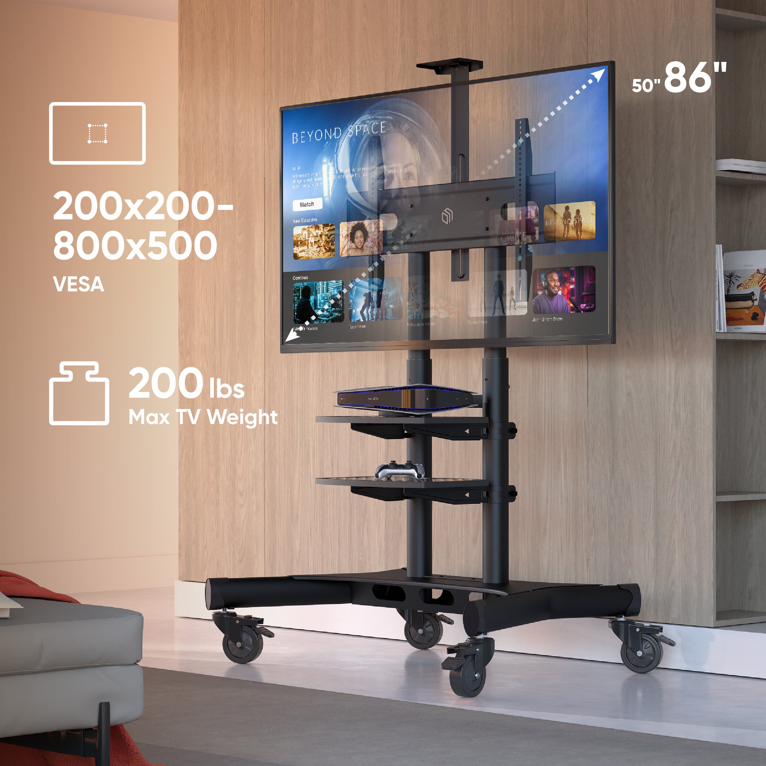 Rolling TV Stand Mobile Cart – Fits 32-65 Inch Screens – Holds 88 Lbs – Adjustable Height